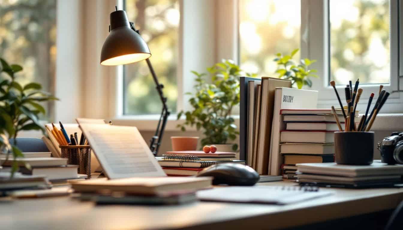 Neat and organized study desk with books and stationery.