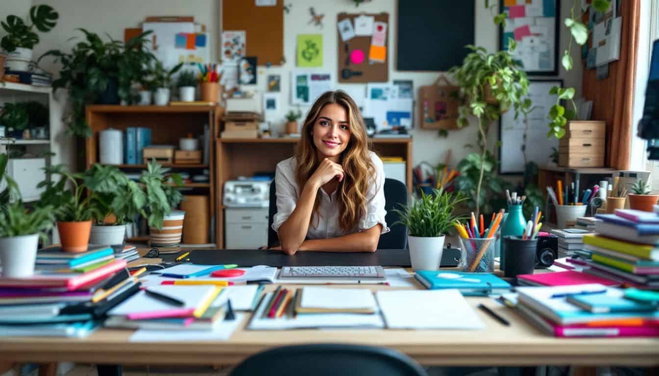 A tidy, well-organized workspace with a mix of school supplies and personal items.