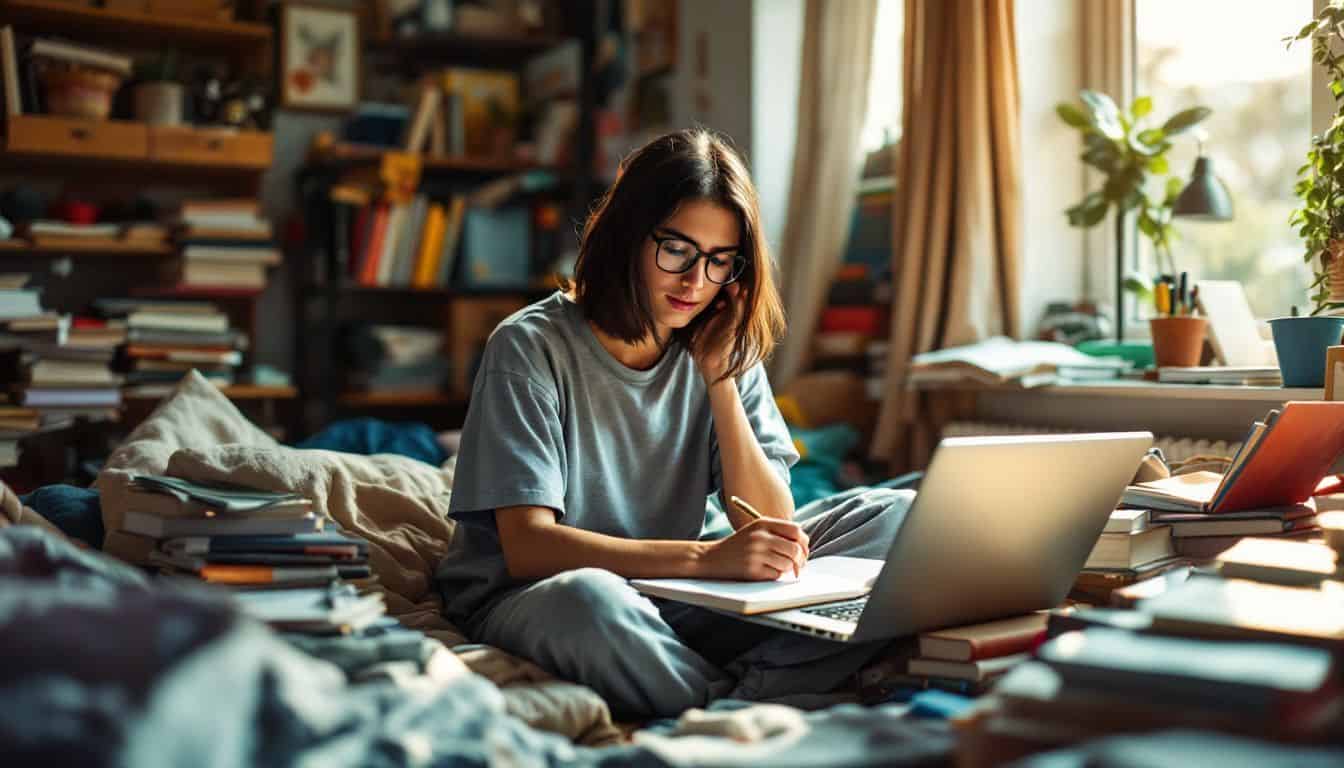 A college student studying in a busy dorm room.