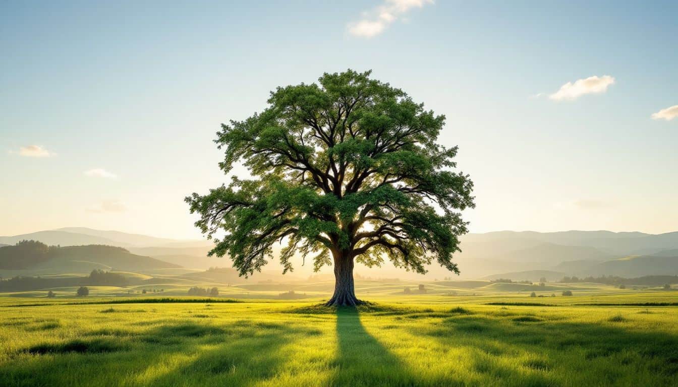 A solitary oak tree stands strong in a peaceful open field.