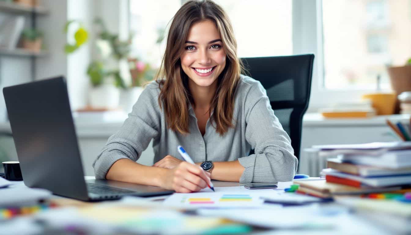 A young woman sits at a cluttered desk, checking off her to-do list with a smile.