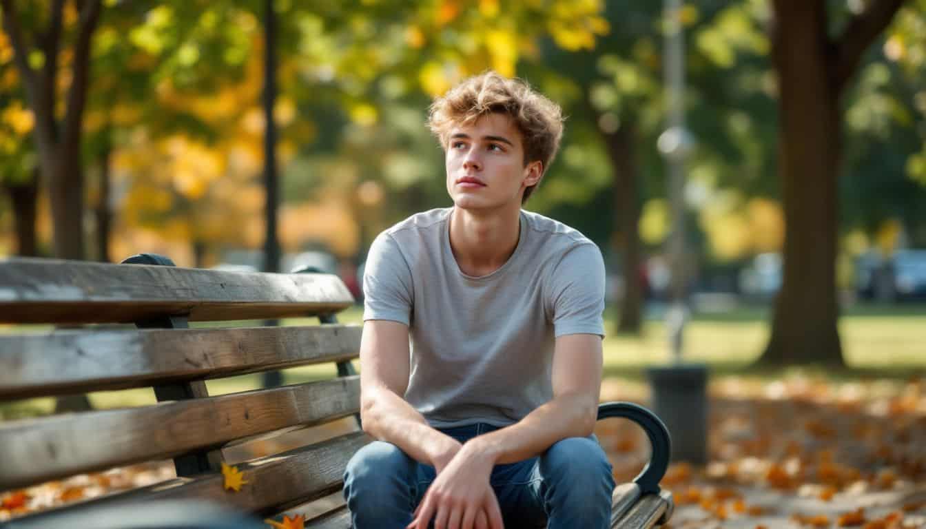 A teenage boy sits on a park bench in a thoughtful pose.