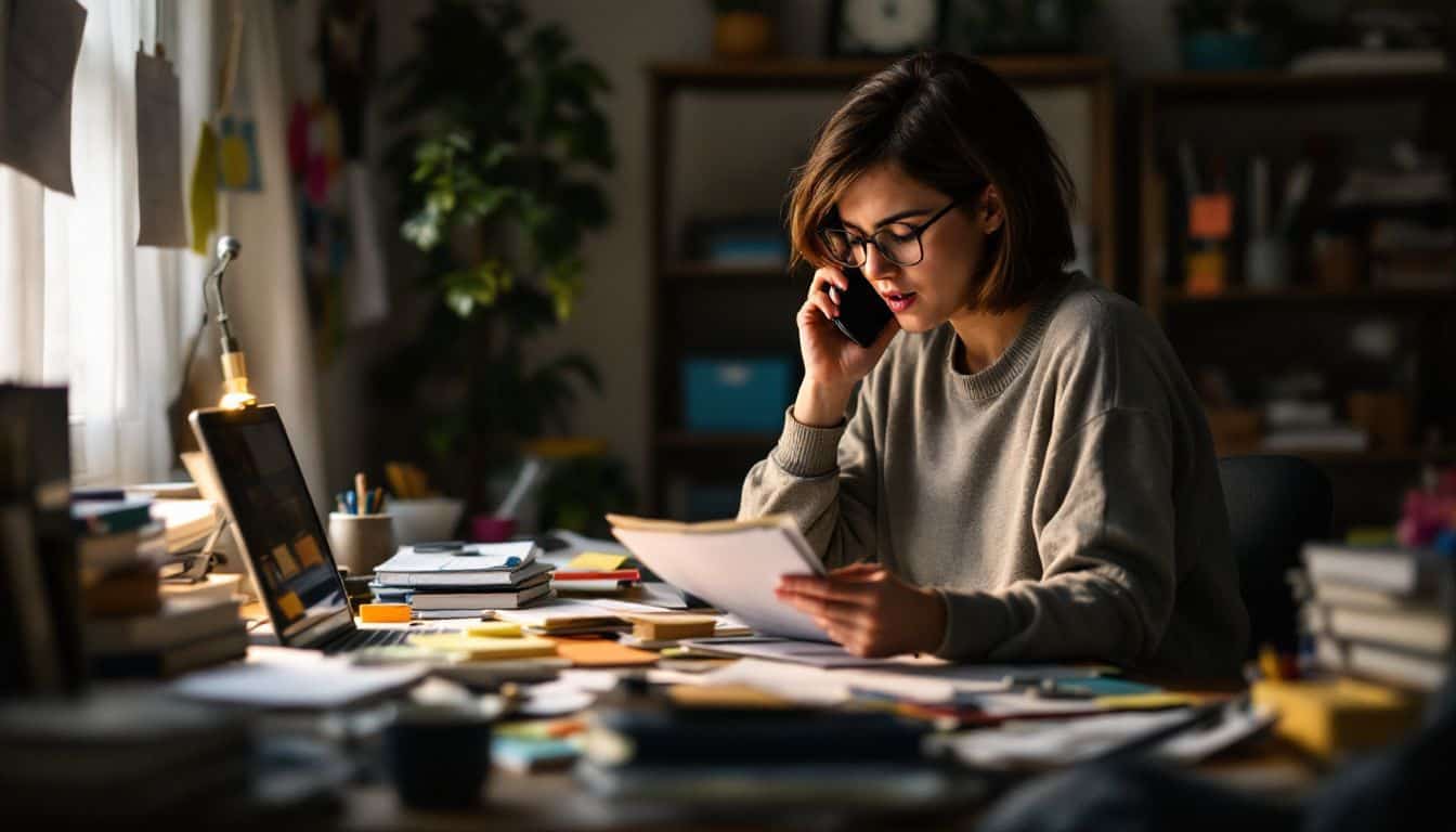 A college student is studying and talking on the phone with friends.