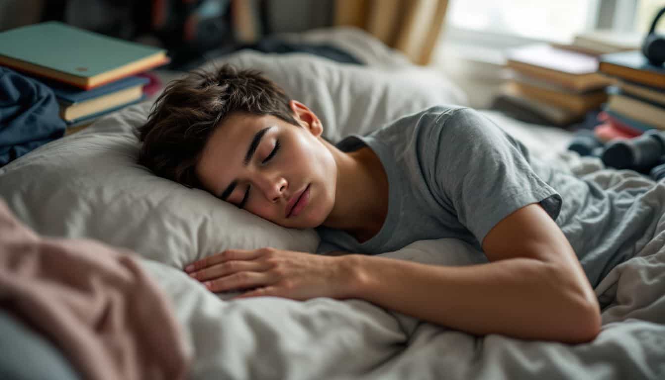 A college student peacefully sleeping in a cluttered dorm room.