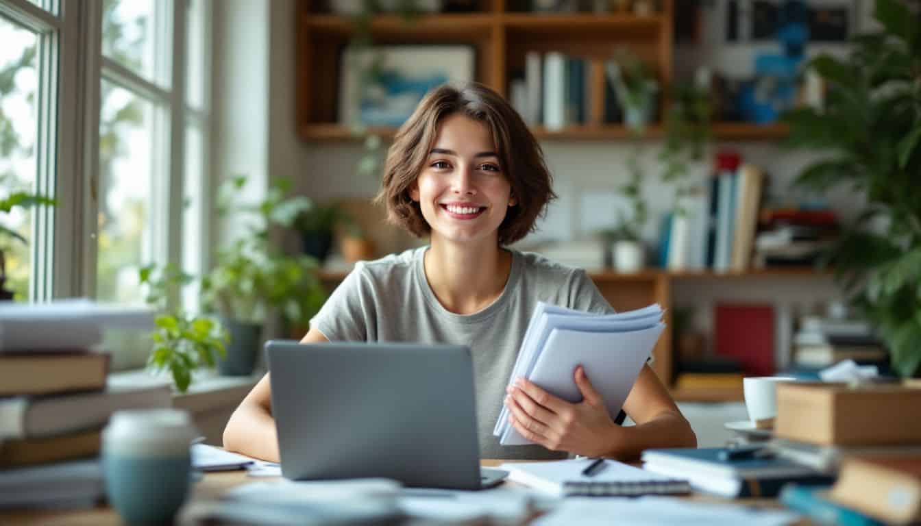 A college student studying at a cluttered desk with books and coffee.