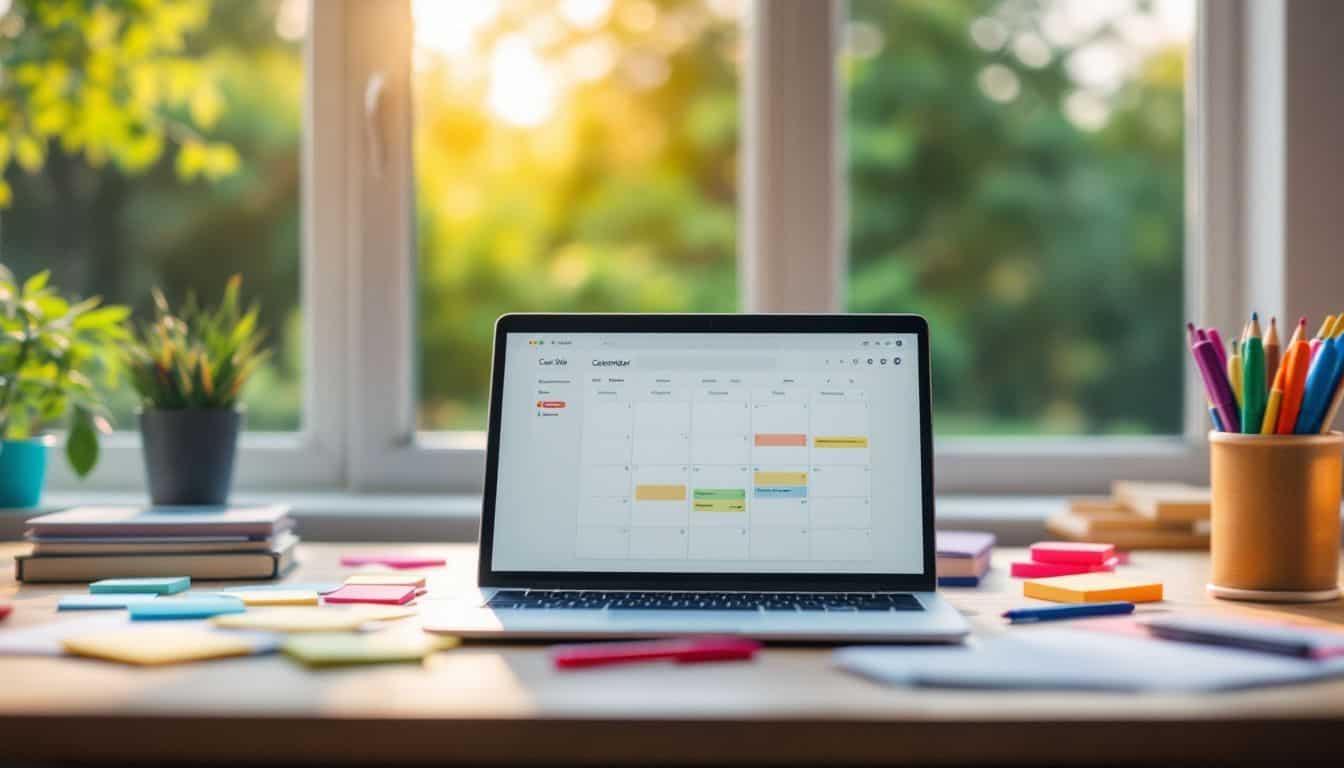 A cluttered desk with a laptop open to a calendar app.