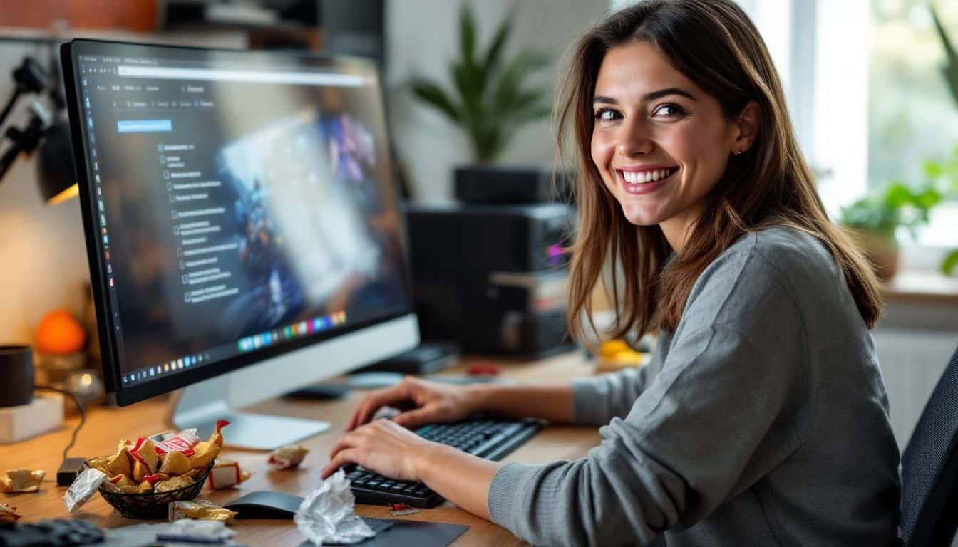 A woman excitedly selects options for a video game restoration.