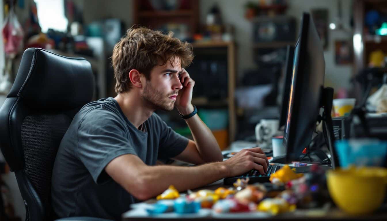 A frustrated gamer at cluttered desk looks at computer screen.