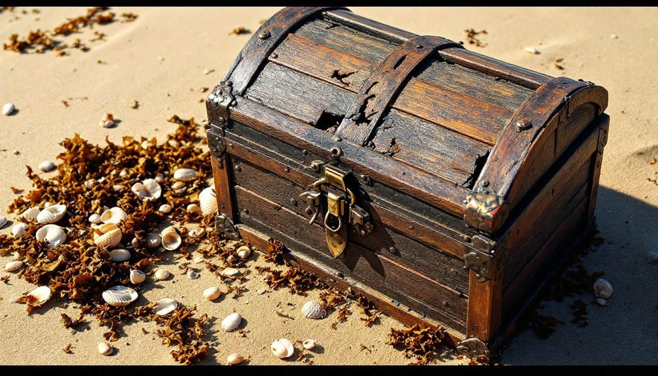 An old, worn treasure chest sits on a sandy beach.