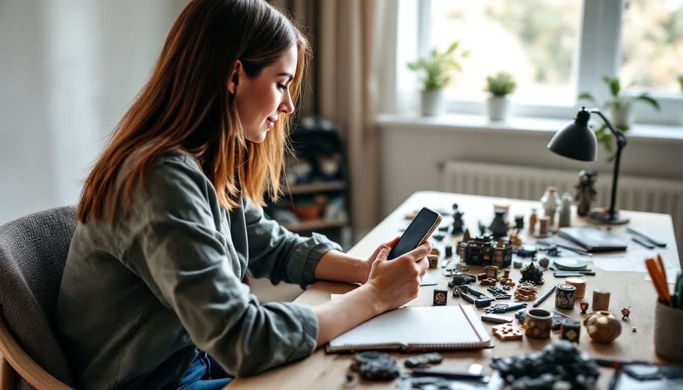 A woman at a desk takes photos of gaming items and crafts.