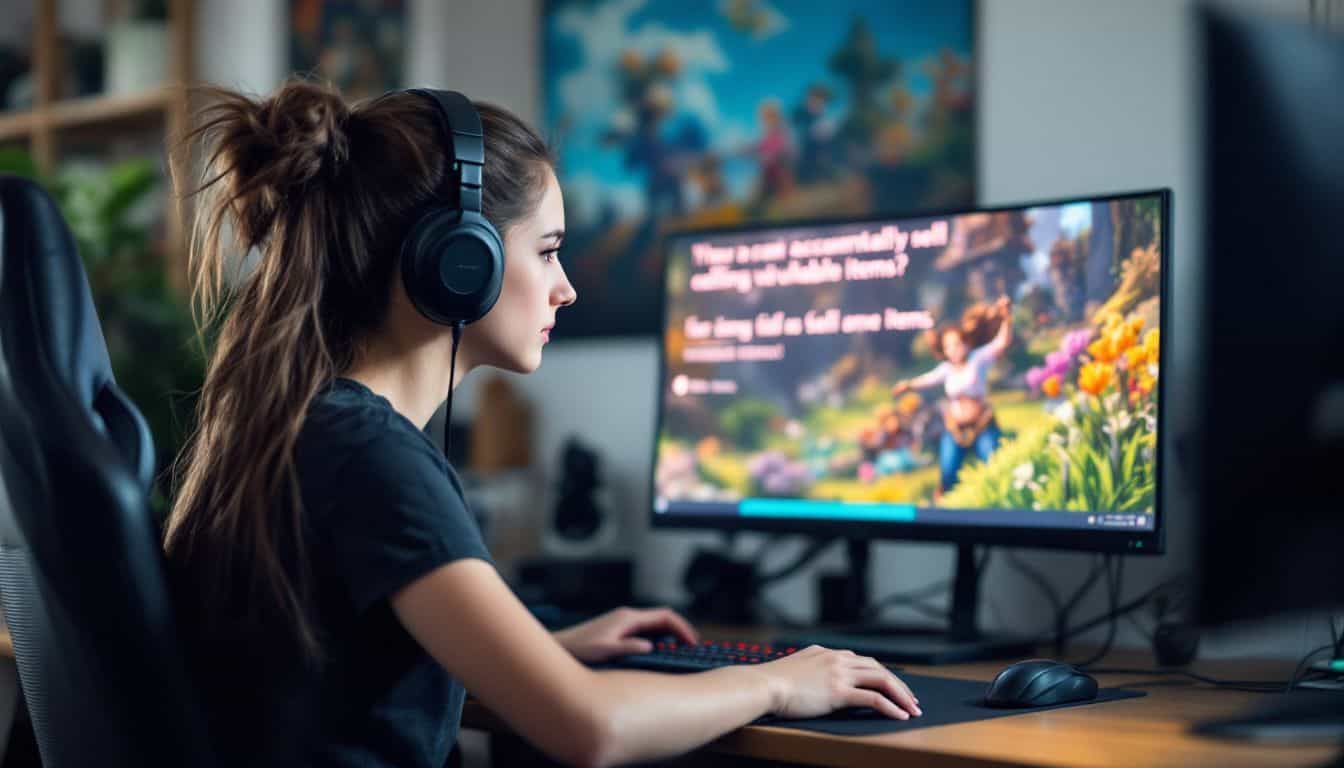 A frustrated female gamer sits in front of her cluttered computer desk.