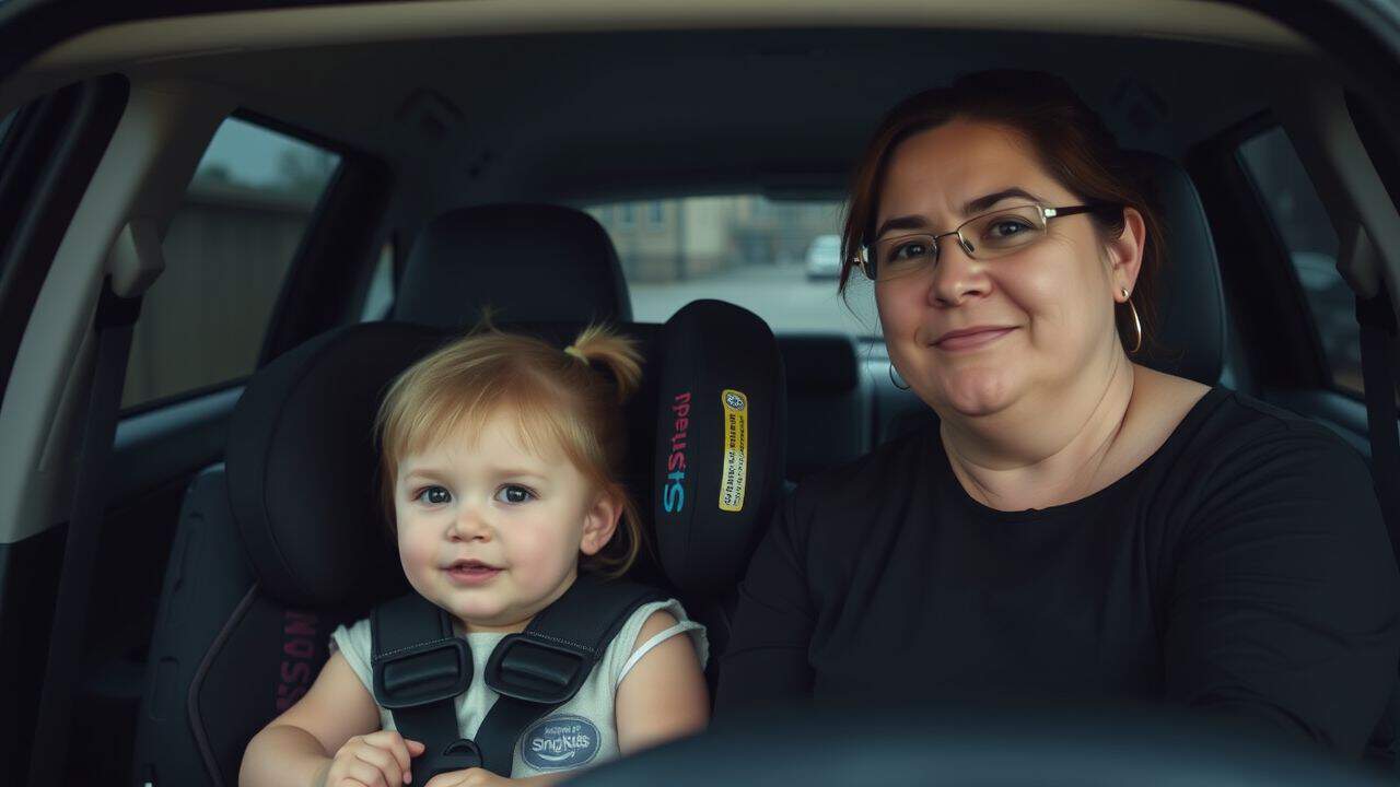 A mother buckles her 2-year-old daughter in a Nissan car seat.