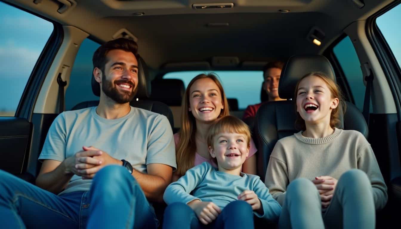 A family of four enjoying a movie in their Nissan Pathfinder.