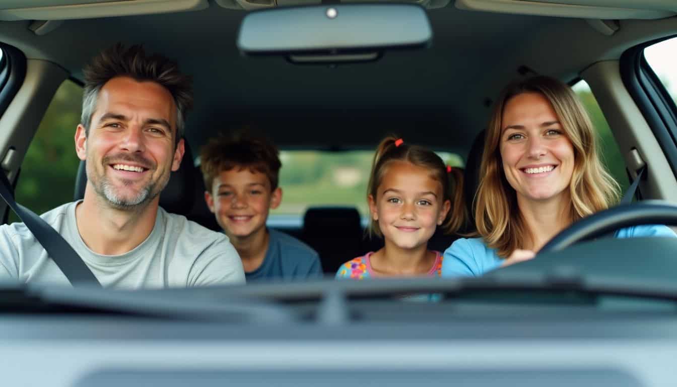 A family of four enjoys a road trip in their spacious SUV.