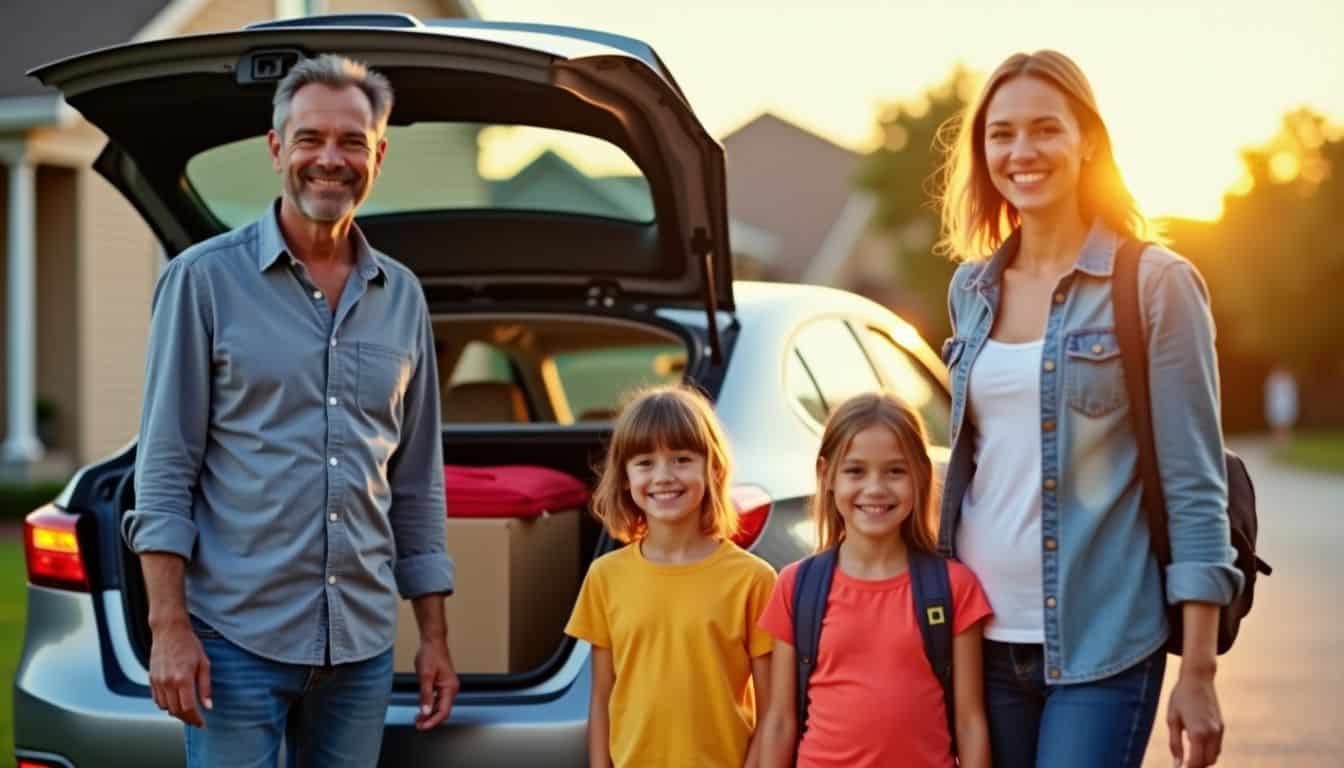 A family of four packing luggage into their Nissan Altima.