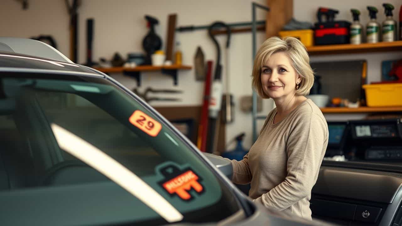 A middle-aged woman checks the mileage on her Nissan Rogue.