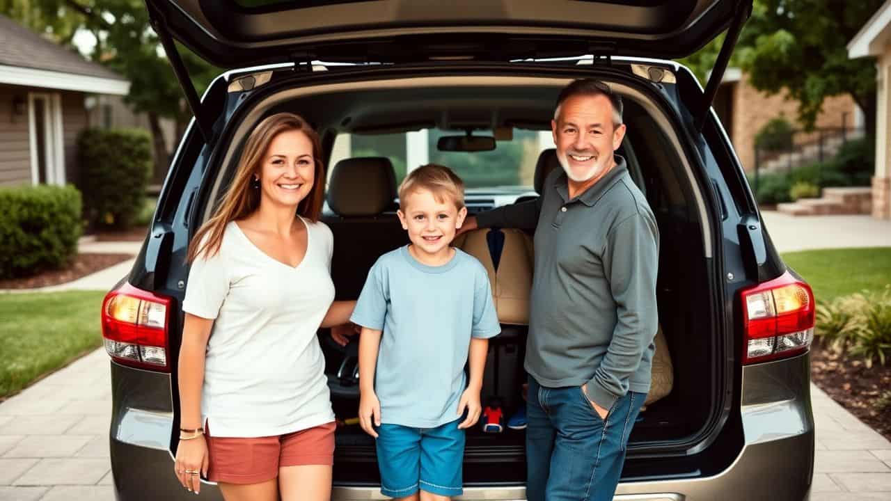 A family of four with kids and luggage next to a Nissan Pathfinder.