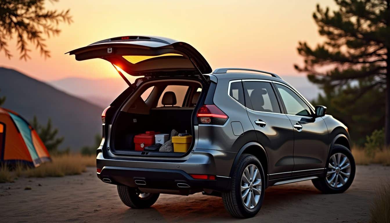 A Nissan Rogue parked at a camping spot with open trunk and gear scattered around.