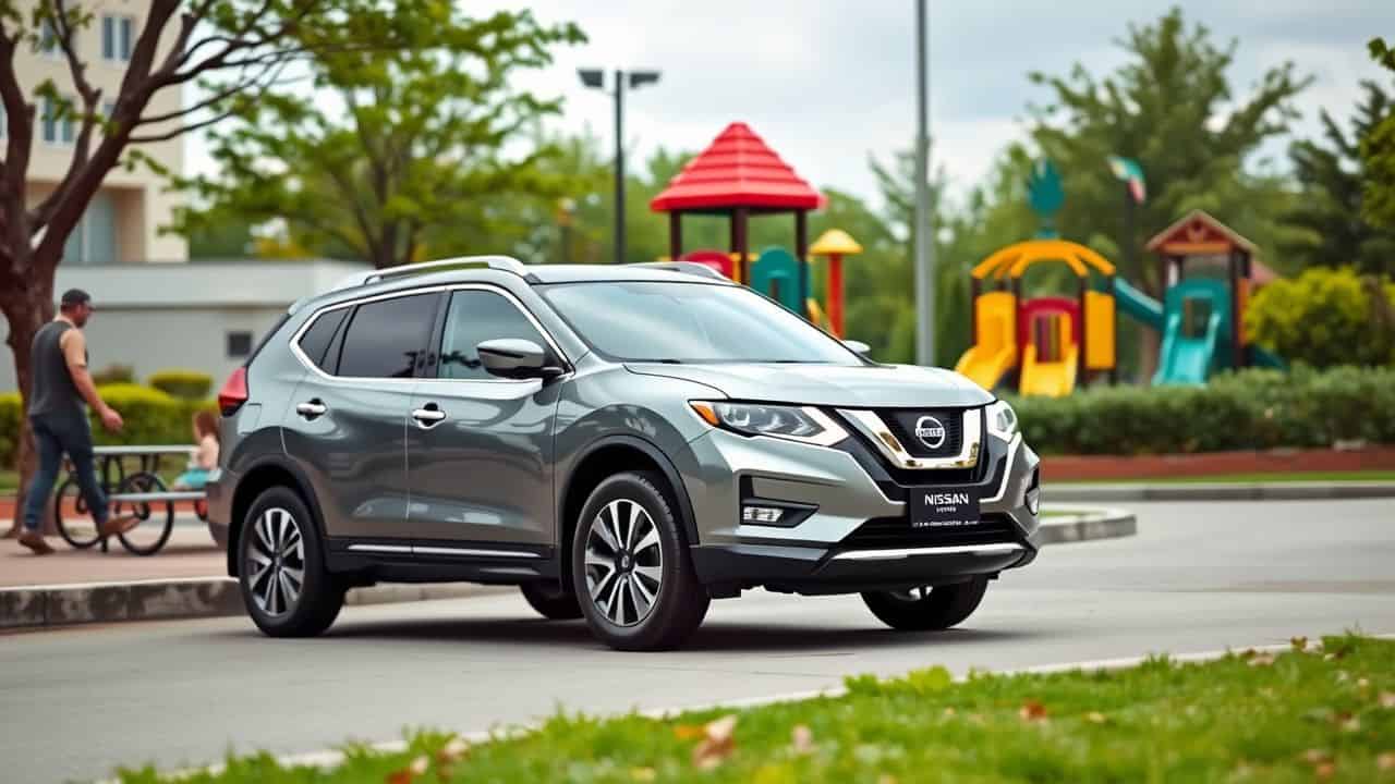 A Nissan SUV parked in a family-friendly neighborhood with modern design.