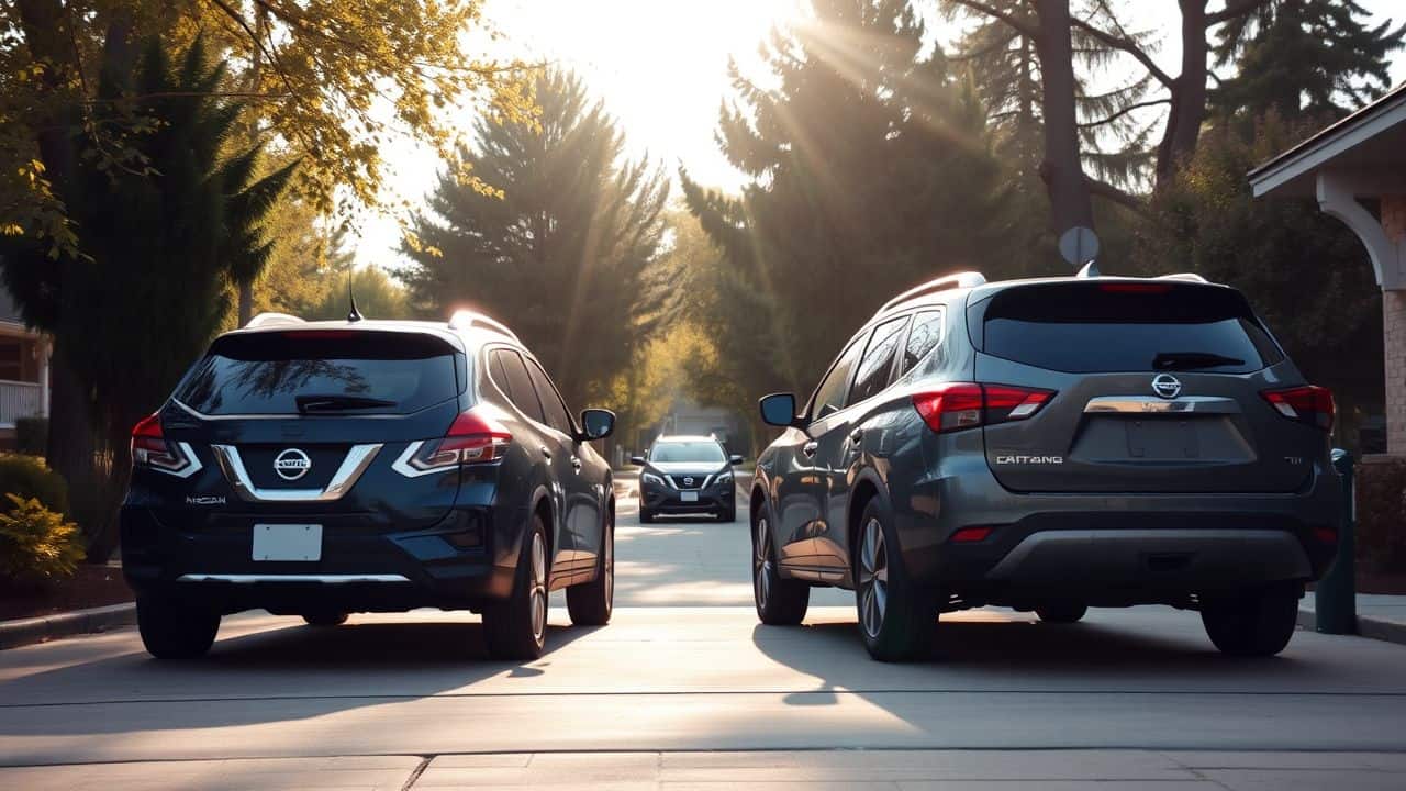 Two parked Nissan SUVs in a peaceful suburban driveway.