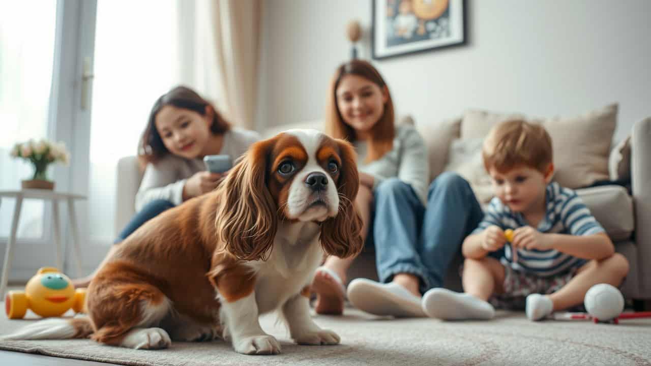 A Cavalier King Charles Spaniel sits with a family in a cozy living room.