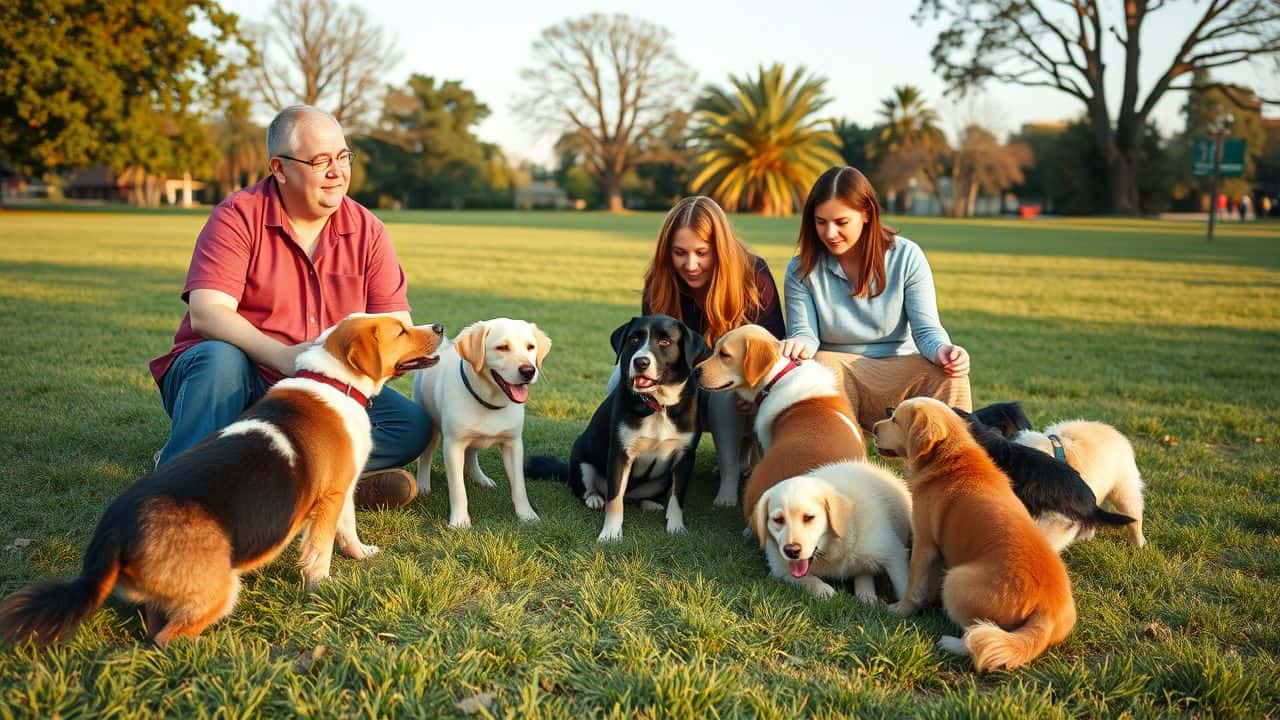 A family evaluates dogs at the park for compatibility.