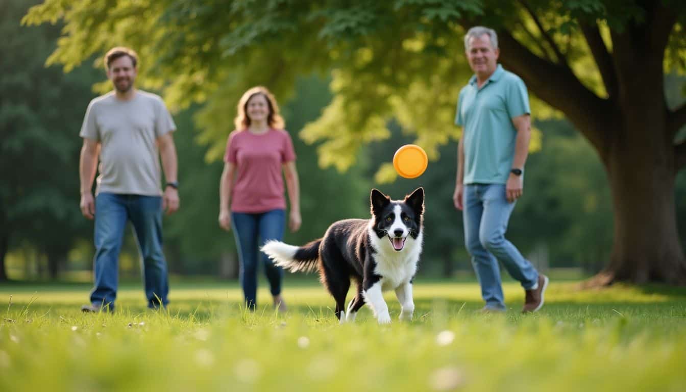 A family enjoying a sunny day at the park with their dog.