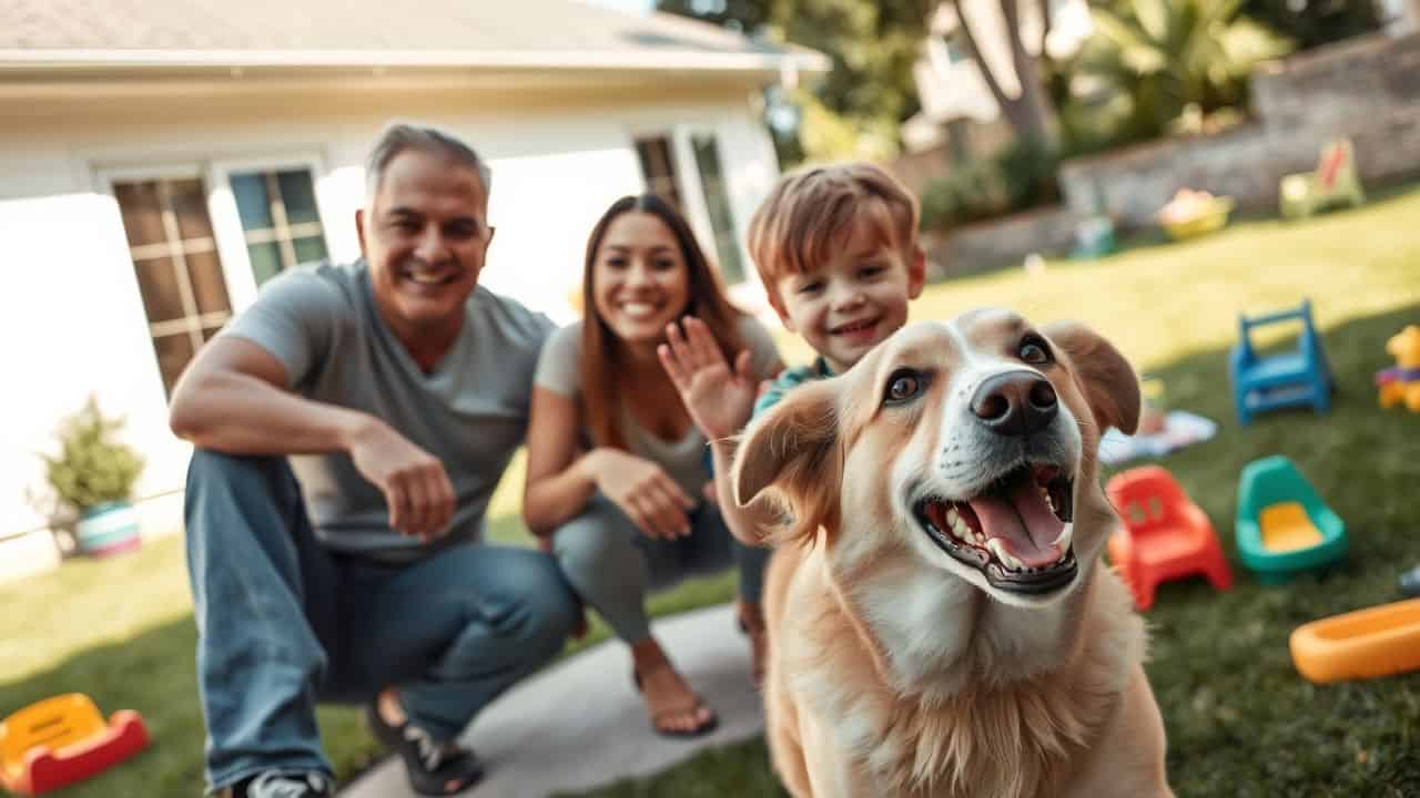 A happy family enjoys time together with their playful dog in the backyard.