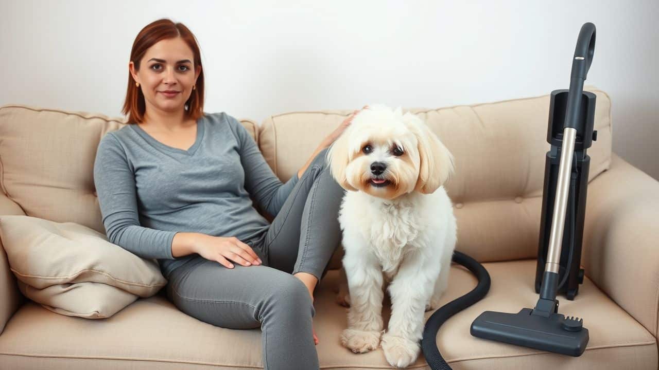 A woman casually brushes a Bichon Frise dog in a clean living room.