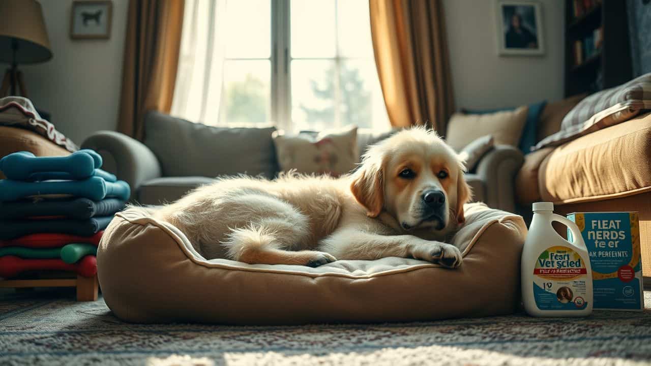 A cozy living room with a large dog resting on a bed.