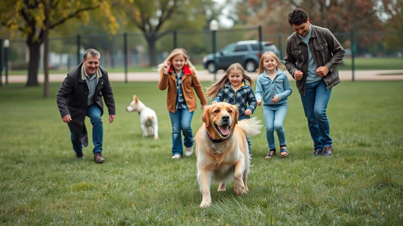 A family with young children and a golden retriever playing fetch at a dog park.