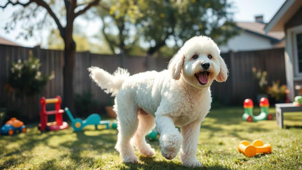 A fluffy white standard poodle joyfully plays in a backyard.