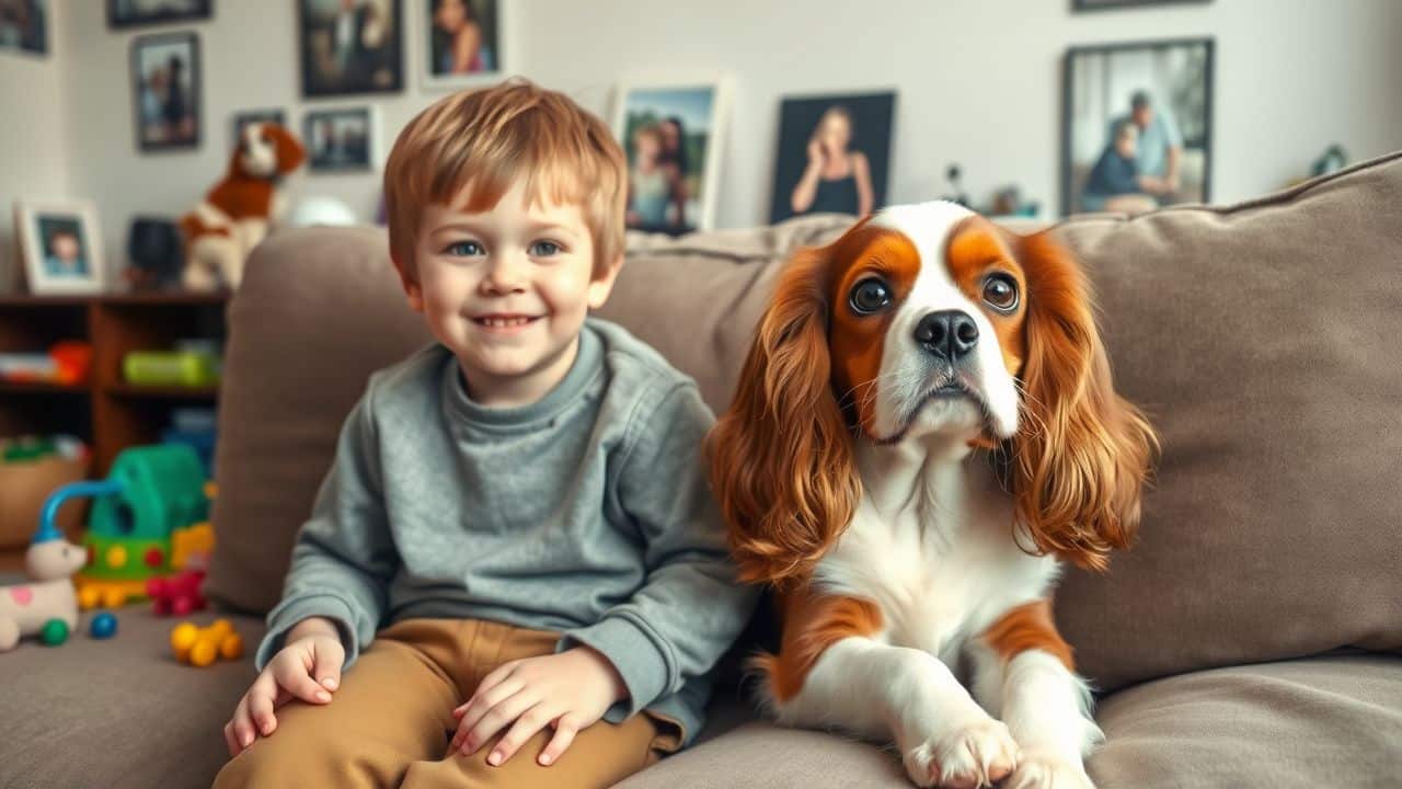 A young child sitting with a Cavalier King Charles Spaniel in a cozy living room.