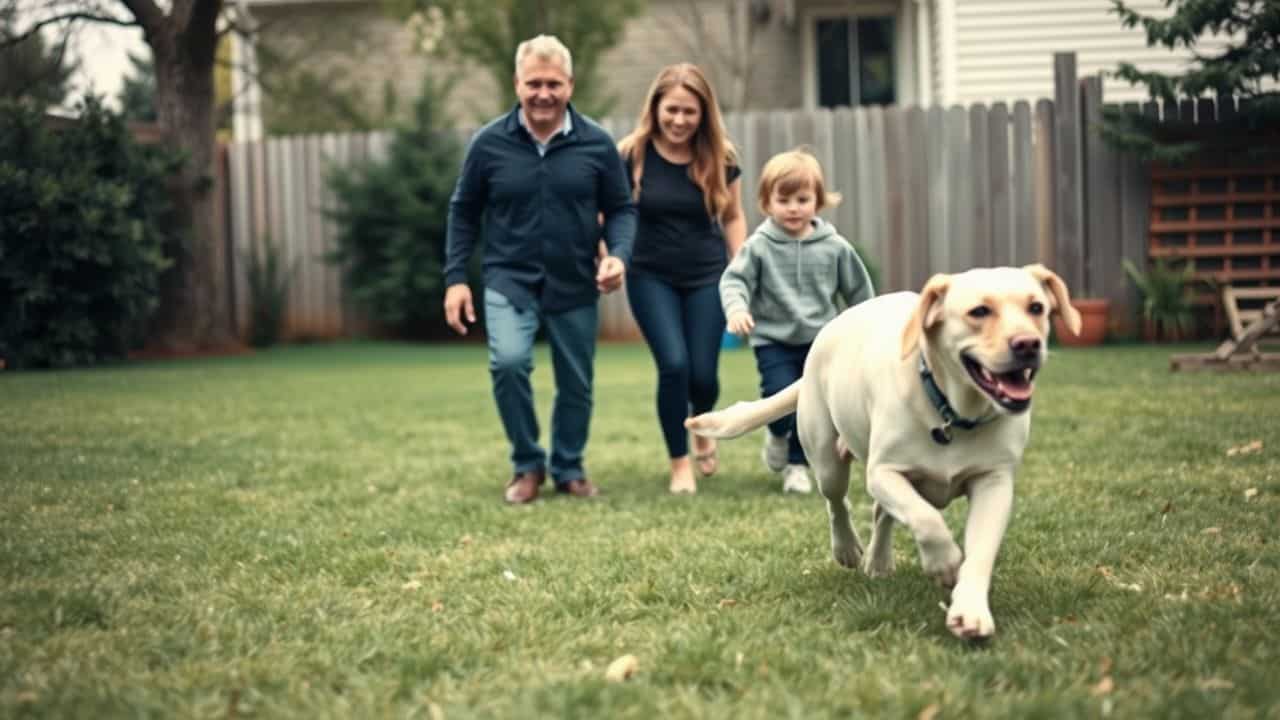 A family plays fetch with their Labrador Retriever in the backyard.