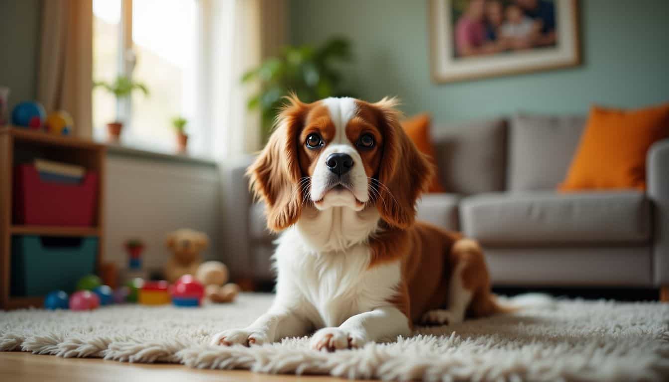 A Cavalier King Charles Spaniel sits in a cozy family living room.