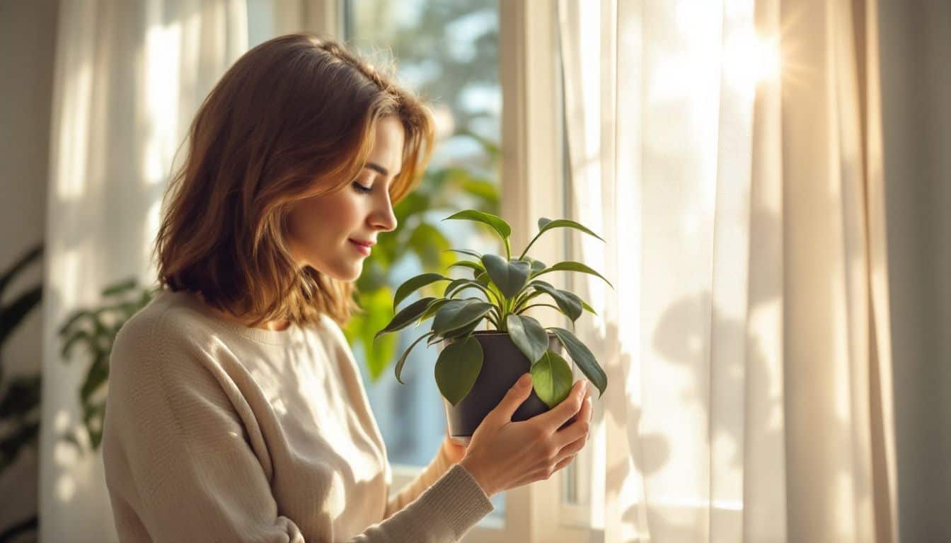 A woman in her 30s positions a Rubber Plant near a sunny window.