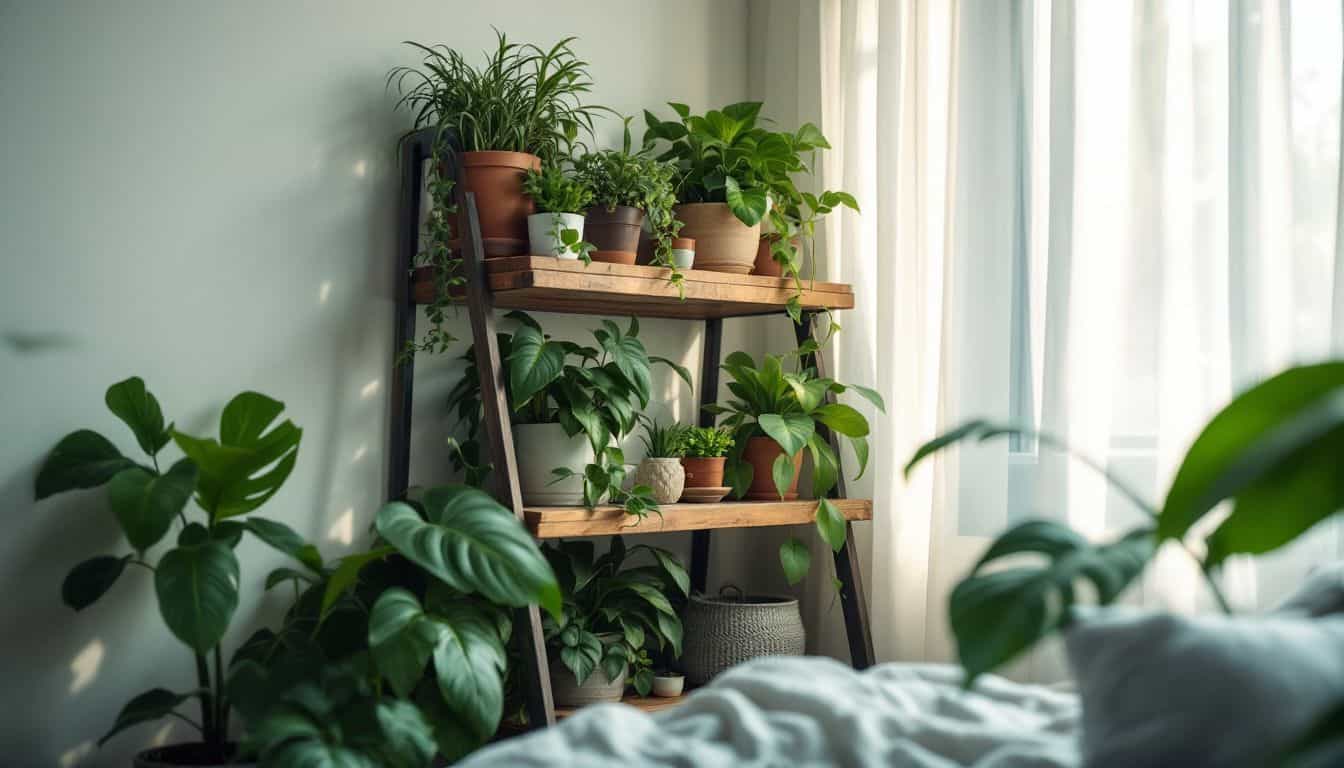 A bedroom corner with a wooden shelf filled with lush plants.