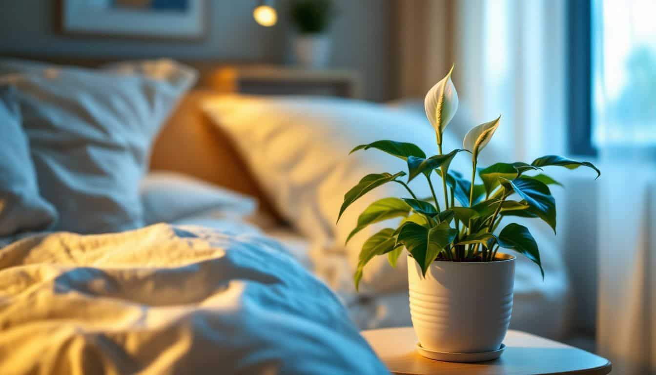 A serene bedroom scene featuring a Peace Lily plant on a bedside table.