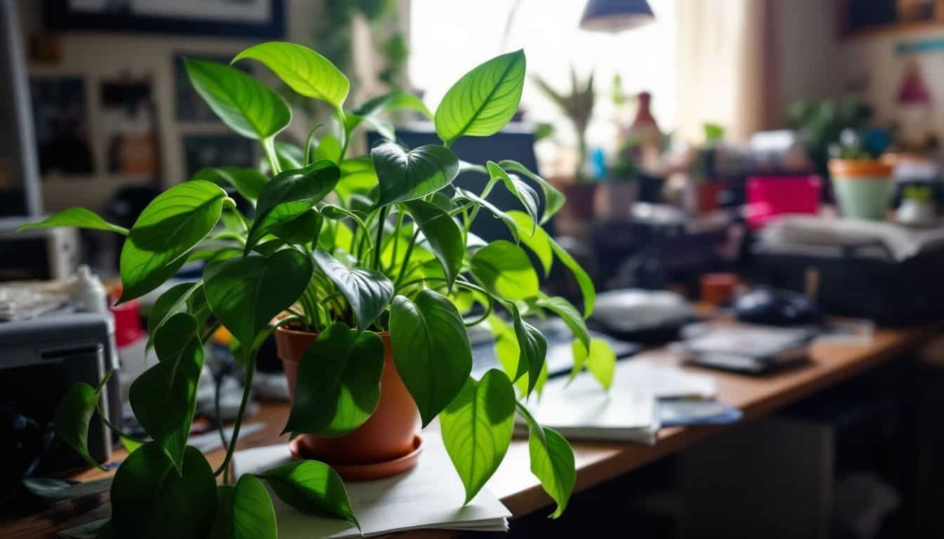 A cluttered desk with a thriving pothos plant.