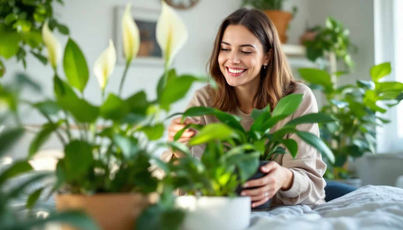 A woman arranges air-purifying plants in her bedroom.