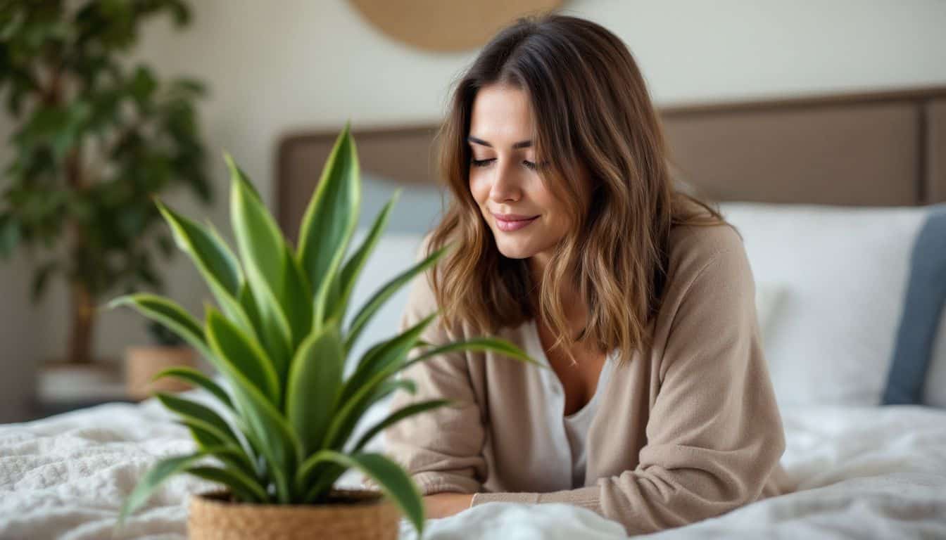 A woman admires a snake plant in her cozy bedroom.