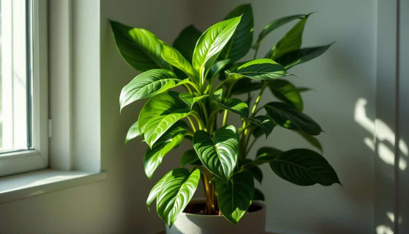 A solitary ZZ plant thrives in a softly lit room.