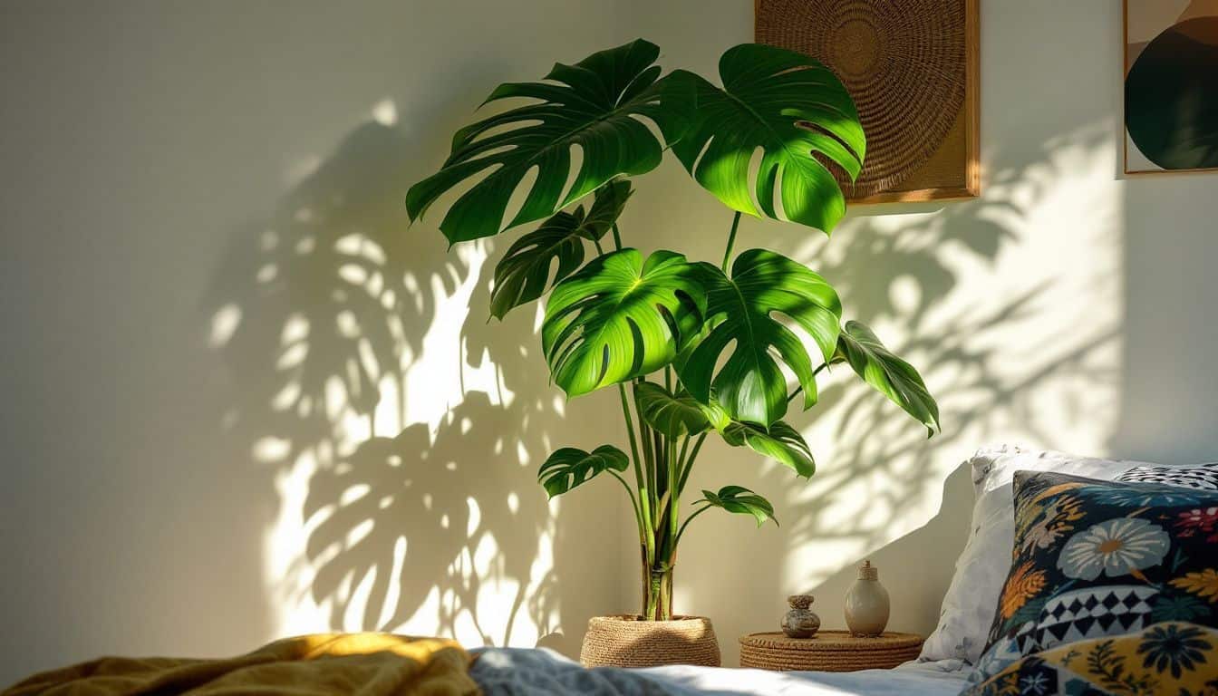 A vibrant Monstera plant stands tall in a sunlit bedroom corner.