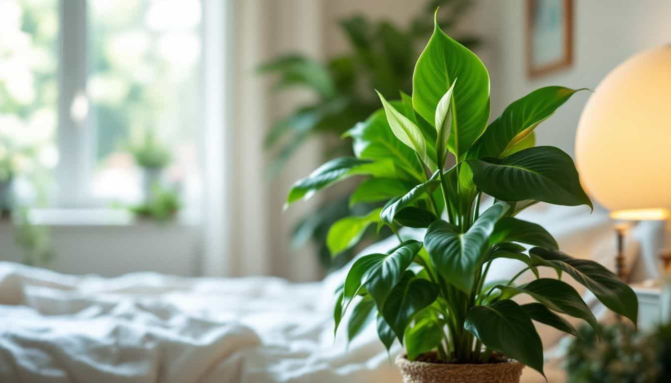 A cozy bedroom with a vibrant Peace Lily plant.