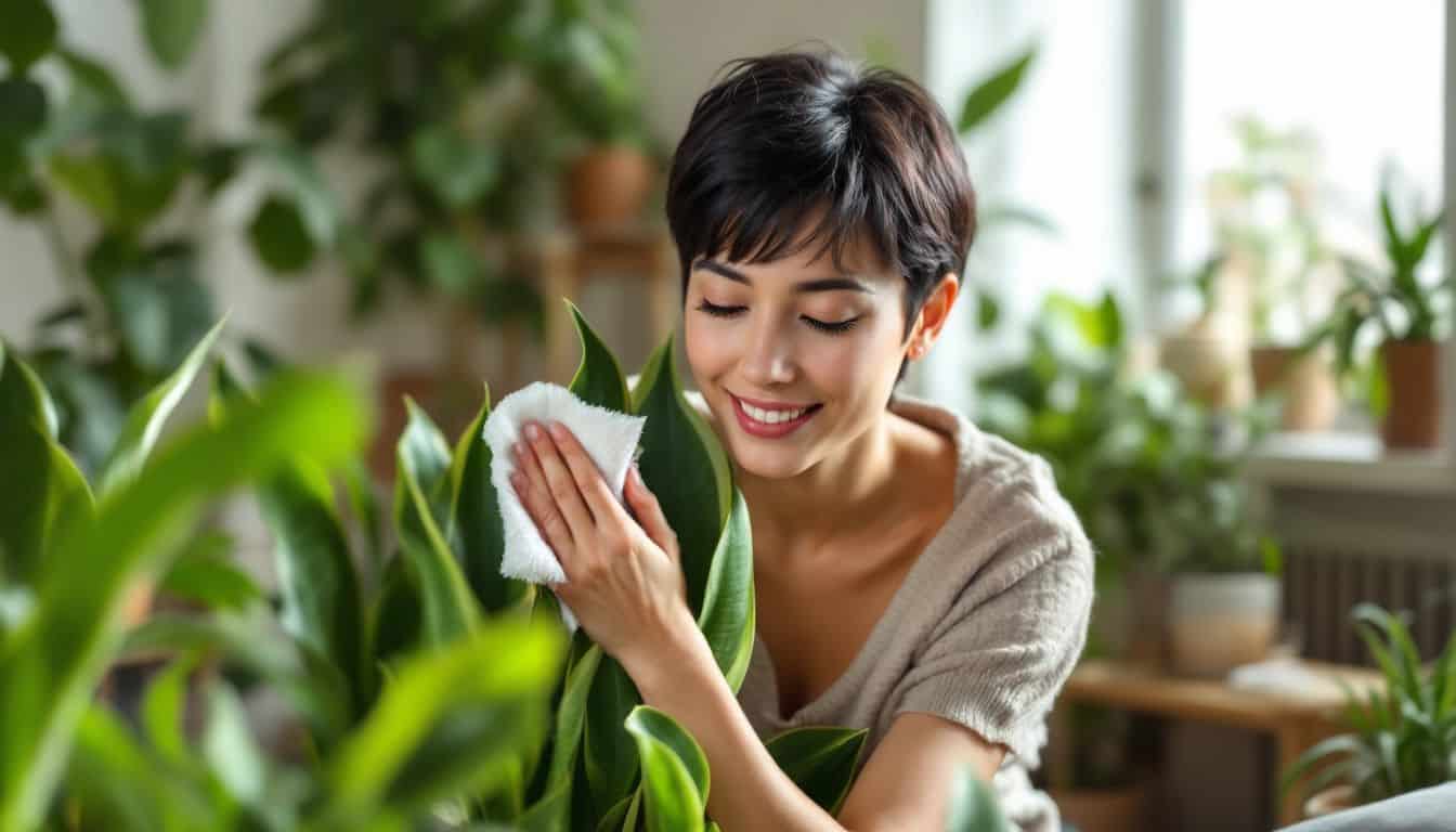 A person caring for a healthy snake plant in a cozy living room.