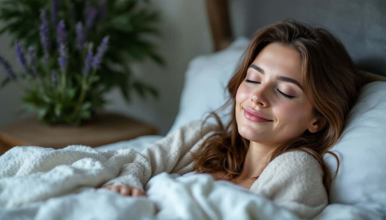 A woman peacefully sleeps in a cozy bedroom with a lavender plant.