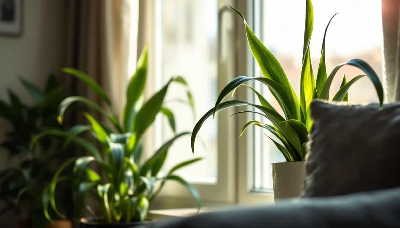 A cozy living room with a Snake Plant by a window.