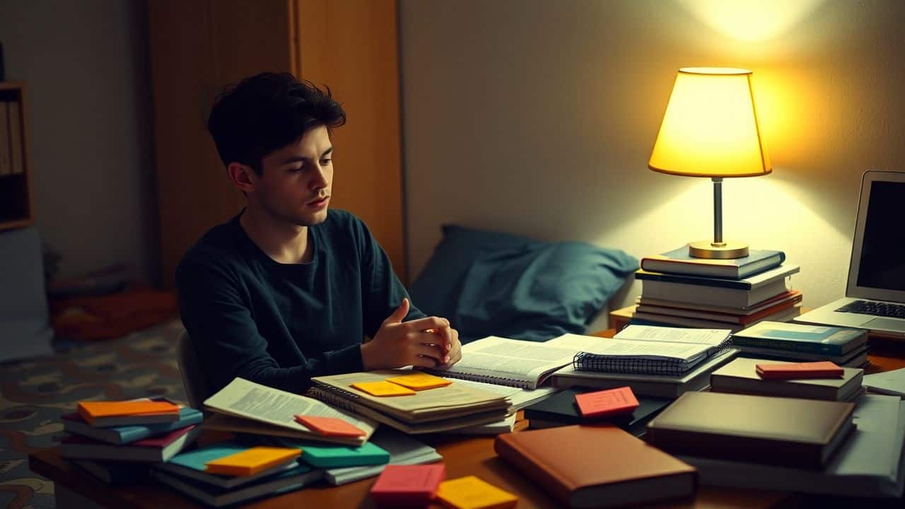 A student is studying at a messy desk in their bedroom.