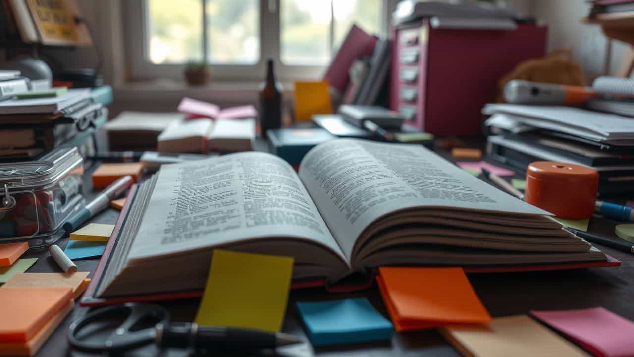 An open book surrounded by colorful sticky notes and objects on desk.