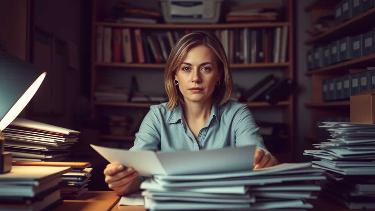 A focused woman organizes papers at her cluttered desk.